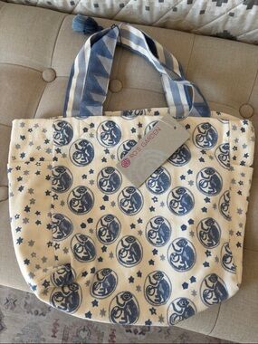 Ros Garden Blue & Cream Printed Canvas Tote
